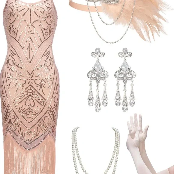 Blush Pink Art Deco Sequin Flapper Dress - Picture 1 of 7